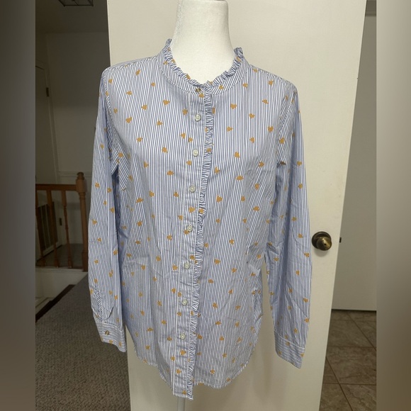 Talbots Heart & Stripe Ruffle Band Collar Cotton Poplin Button Down Top L - Picture 2 of 8